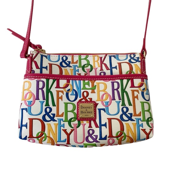 Dooney & Bourke Handbags - Dooney & Bourke Ginger Retro GRAFICA Crossbody Bag Logo Pattern with Pink Trim
